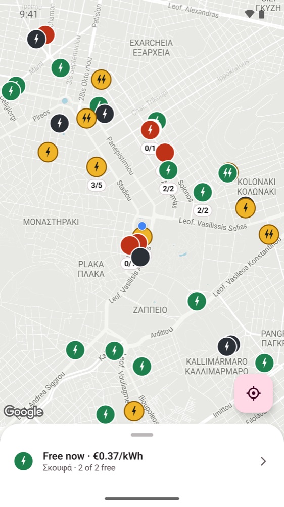 Map with the stations and the answer below: free now, €0.37/kWh